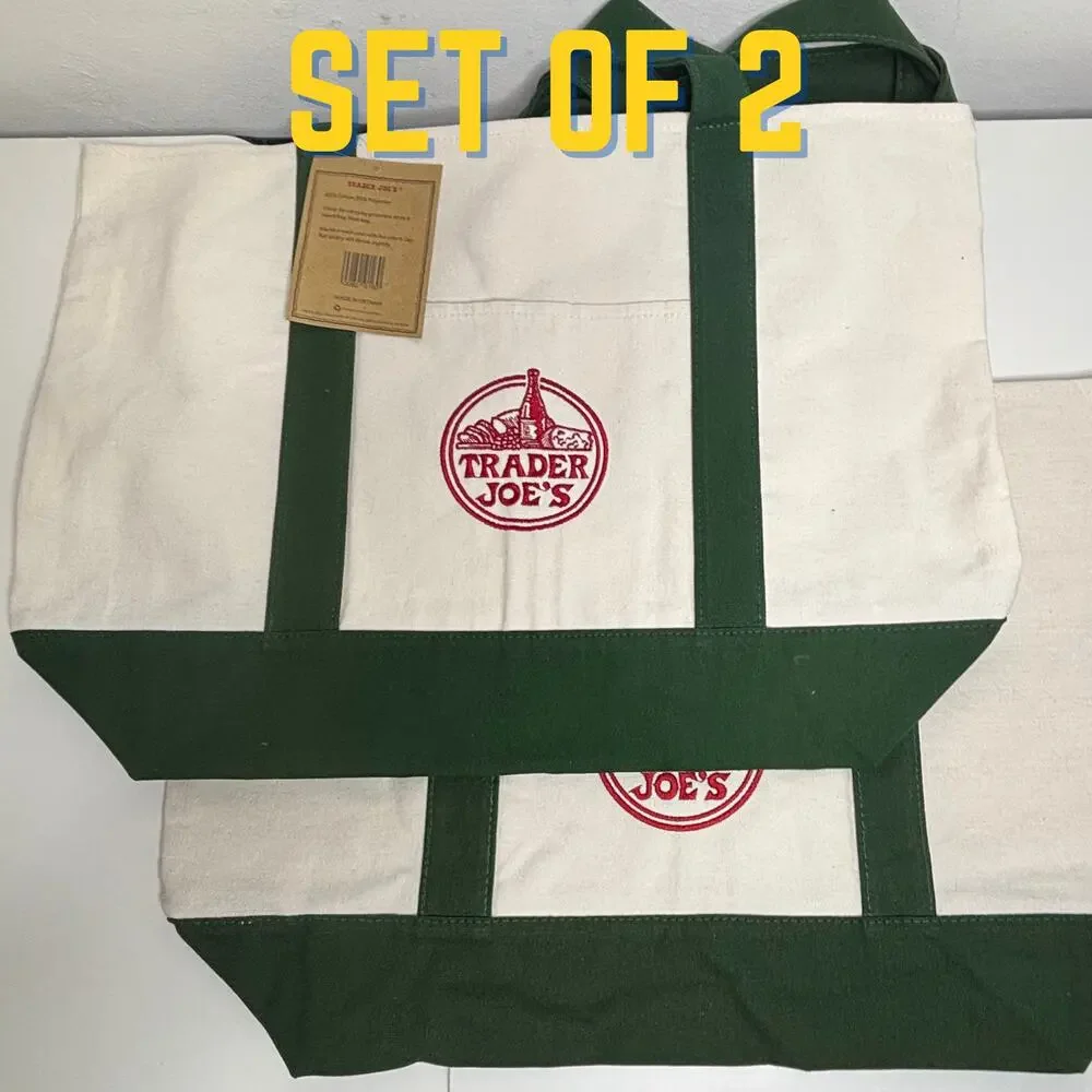 Lot 2x Trader Joe’s Canvas Tote Bag Green Red Grocery Shopping Eco Reusable NWT! - Picture 1 of 7